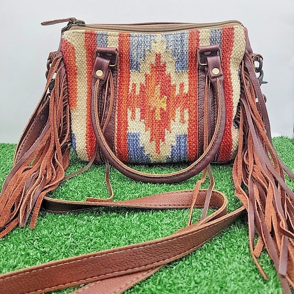 Myra Bag Leather Aztec Fringe Crossbody Bag | Southwestern Brown Saddle Blanket - Picture 7 of 7